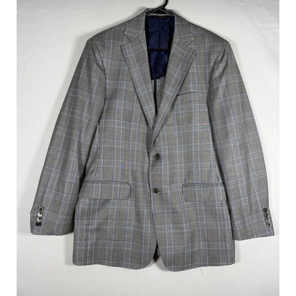 EUC Robert Talbott Loro Piana Wool Blazer Men's 40R Gray Blue Plaid Sport Coat